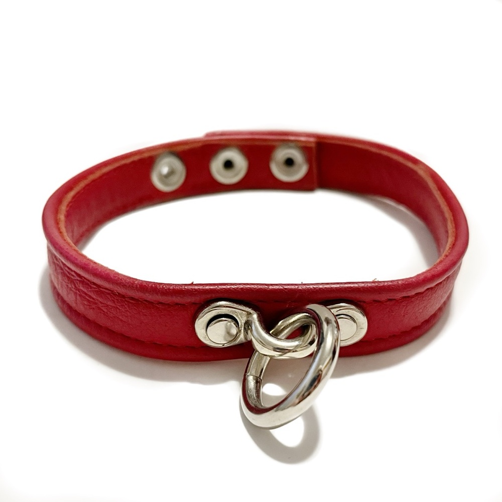 Red Real Leather Choker Collar with Silver Ring